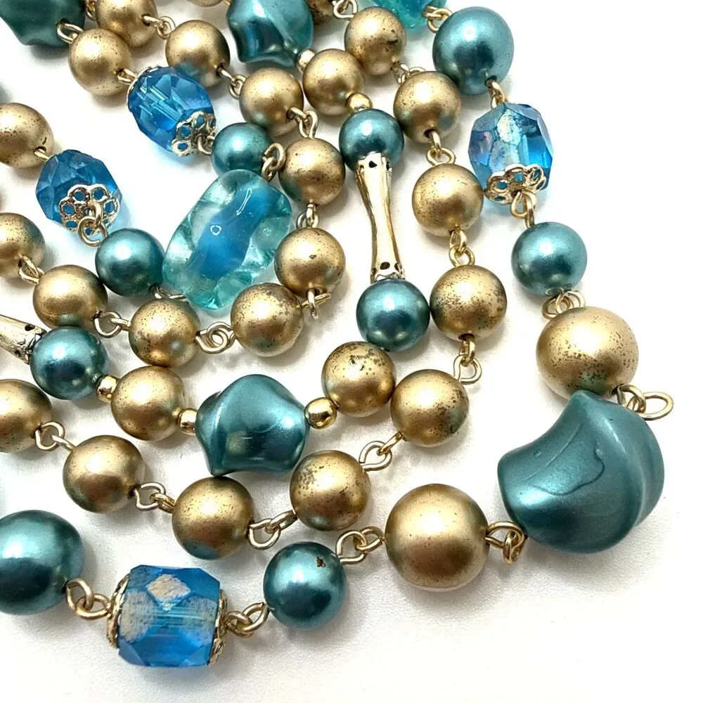 Vintage Japan Multi Strand Beaded Choker Necklace Blue Gold Mid Century 16